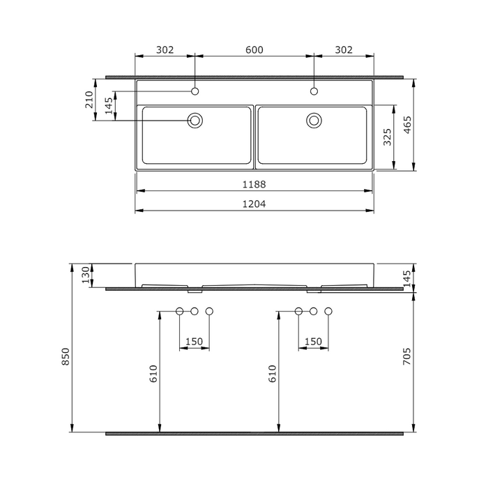 Veneto 1200mm 2 Tap Hole Double Basin - Gloss White