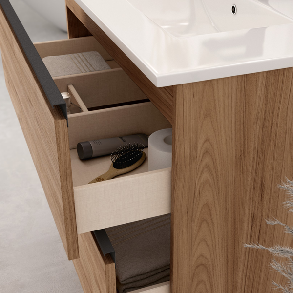 Akiro 600mm Wall Hung Basin Unit with Matt Black Handles - Walnut