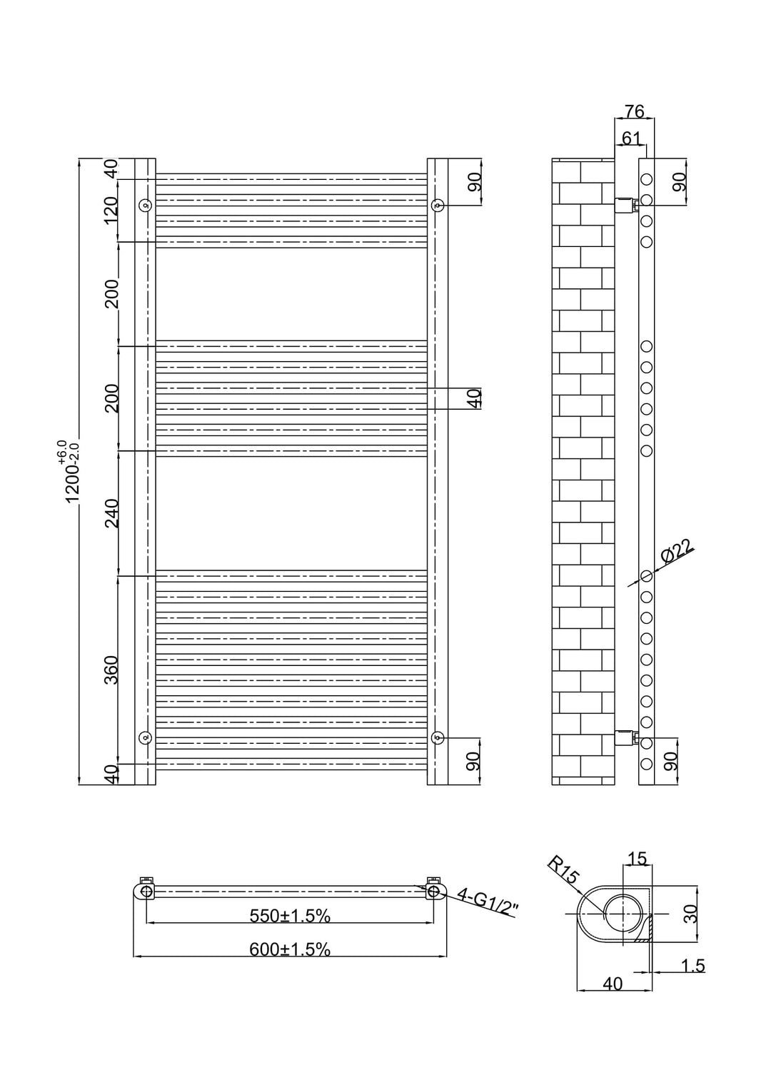 Aureli 1200 x 600 Electric Ladder Towel Rail Radiator  - Brushed Brass