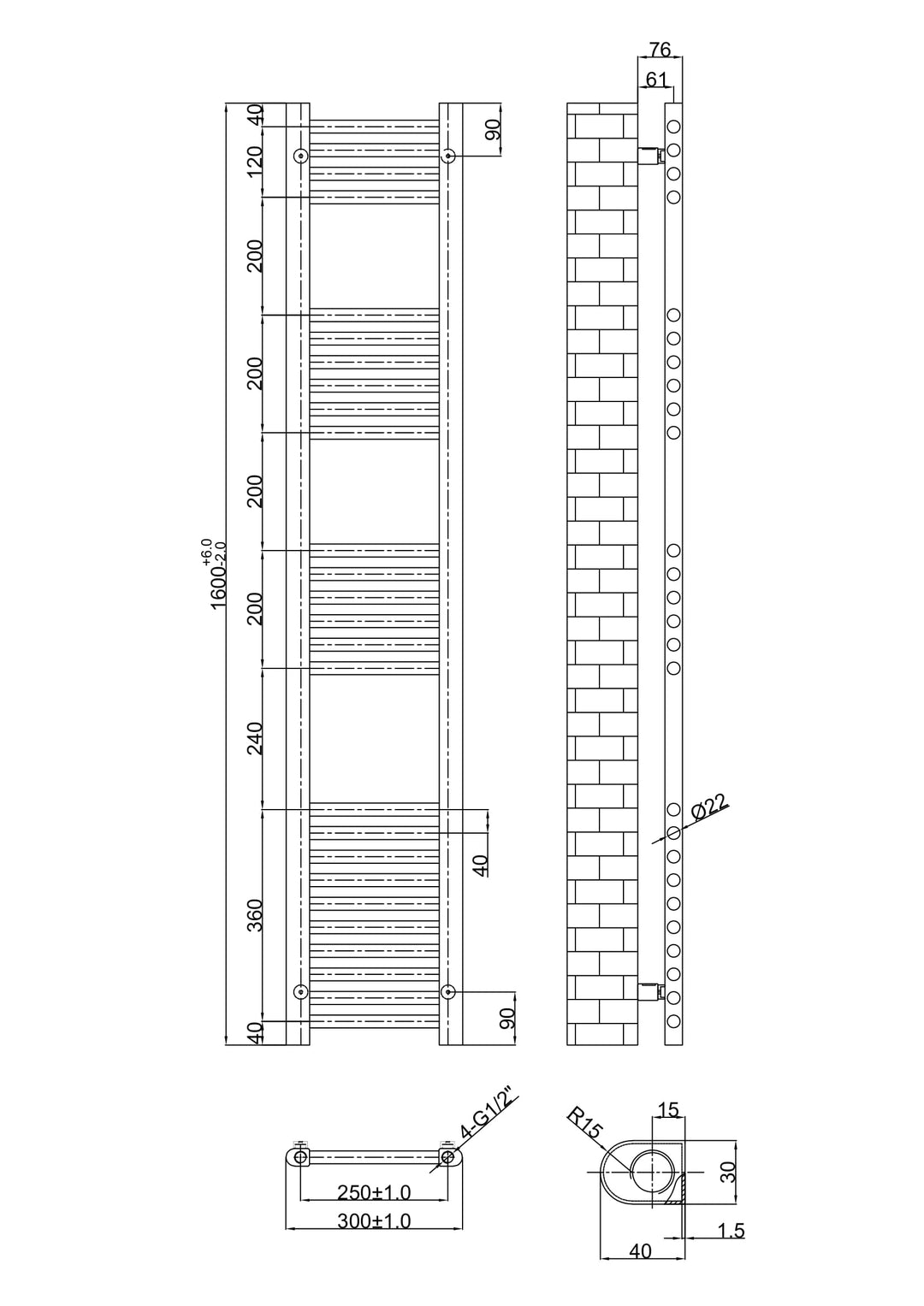 Aureli 1600 x 300 Electric Ladder Towel Rail Radiator  - Brushed Brass