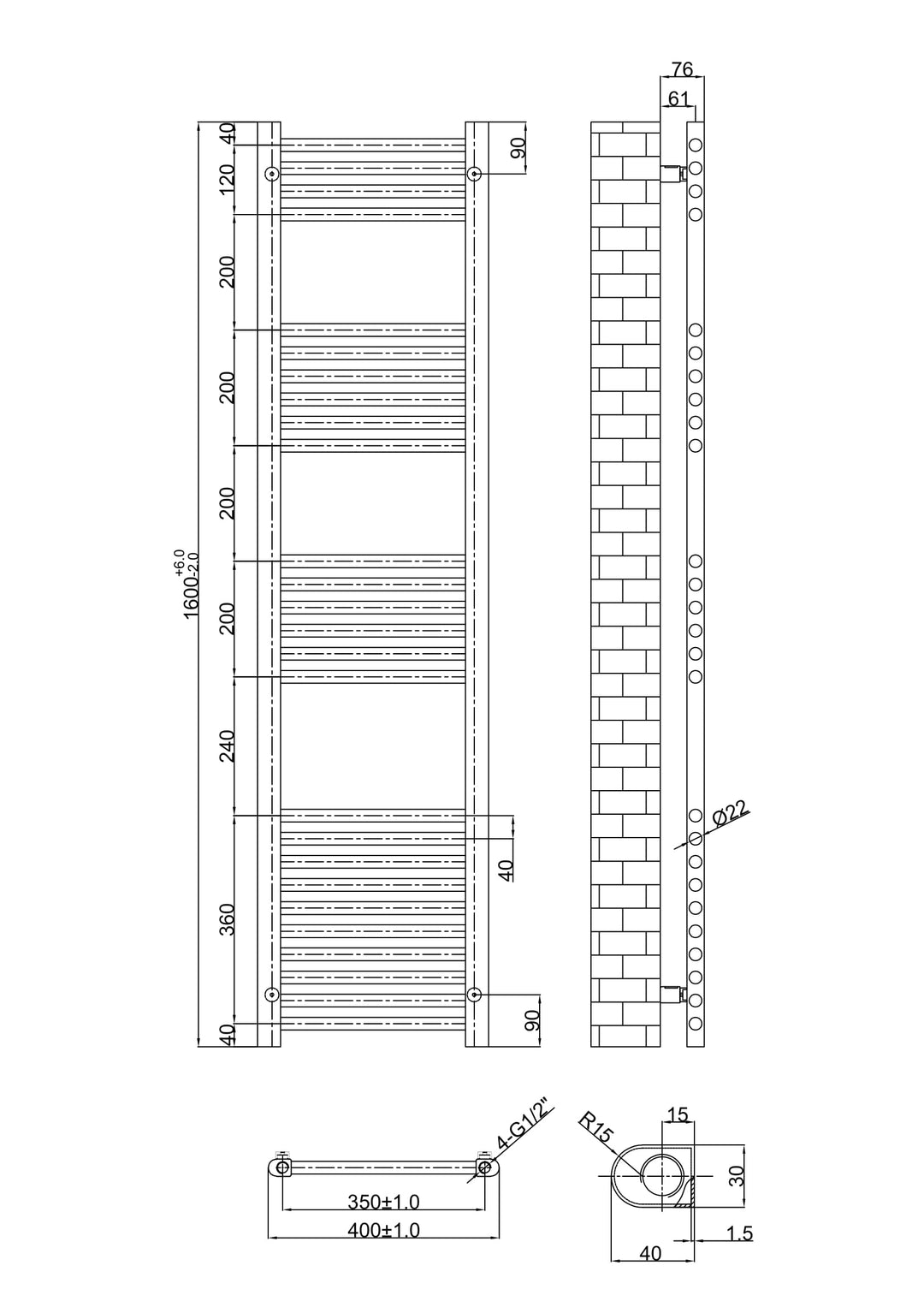 Aureli 1600 x 400 Electric Ladder Towel Rail Radiator  - Brushed Brass