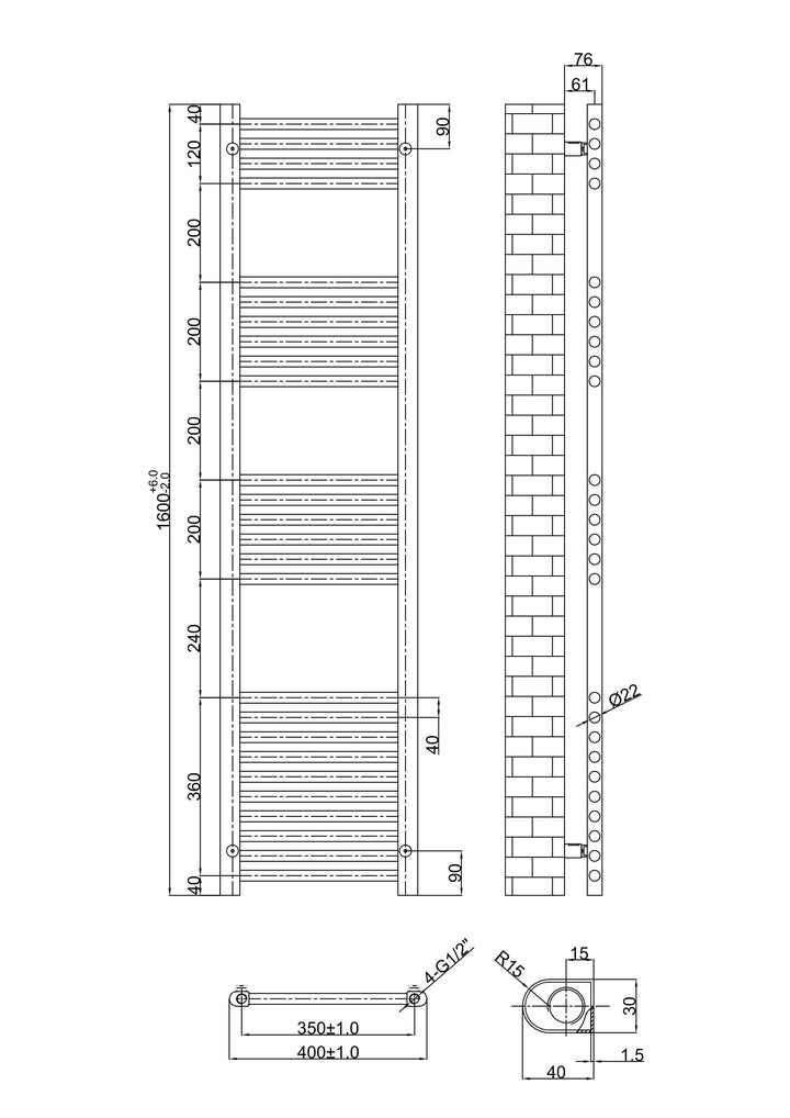 Aureli 1600 x 400 Ladder Towel Rail Radiator  - Brushed Brass