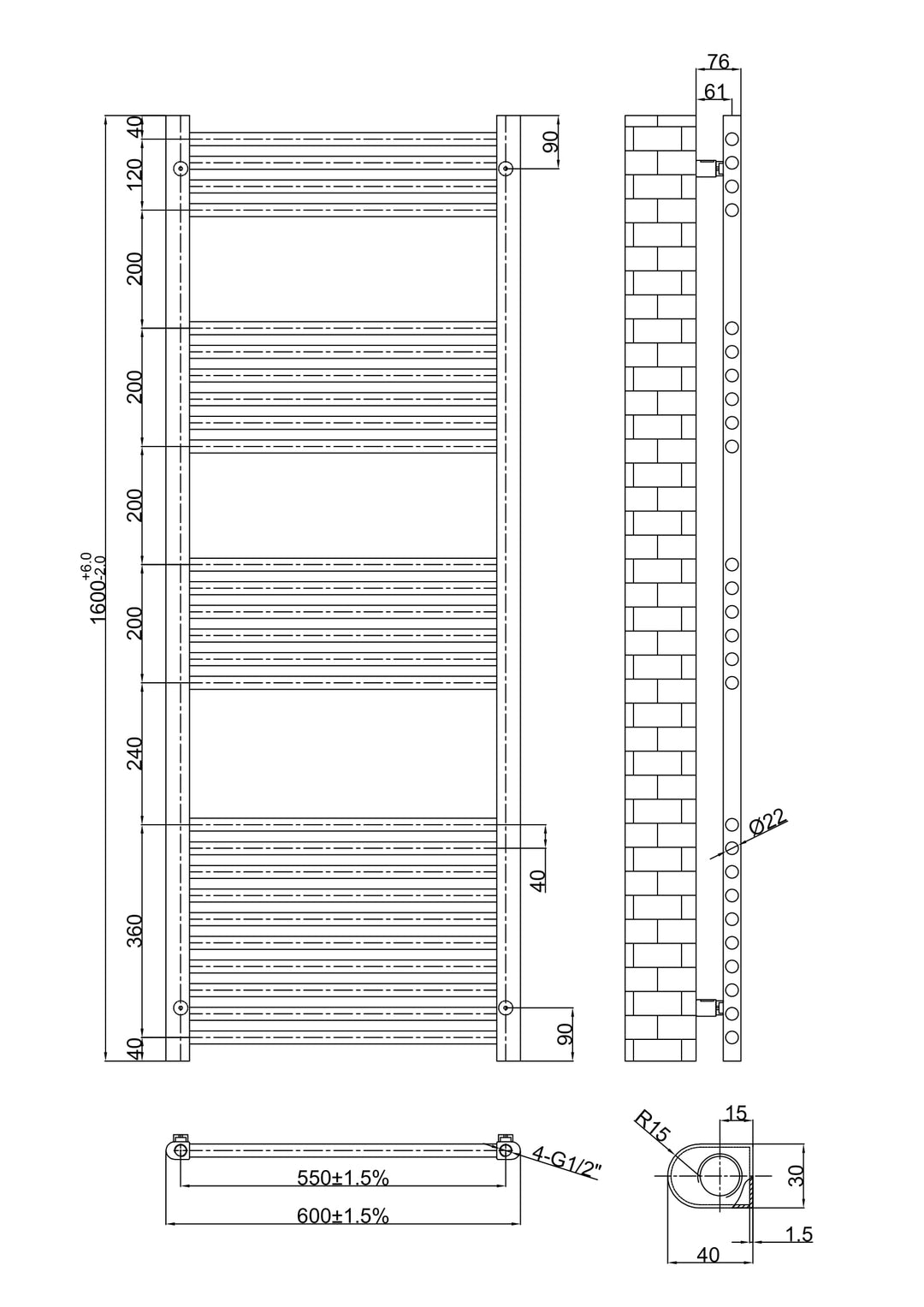 Aureli 1600 x 600 Electric Ladder Towel Rail Radiator  - Brushed Brass