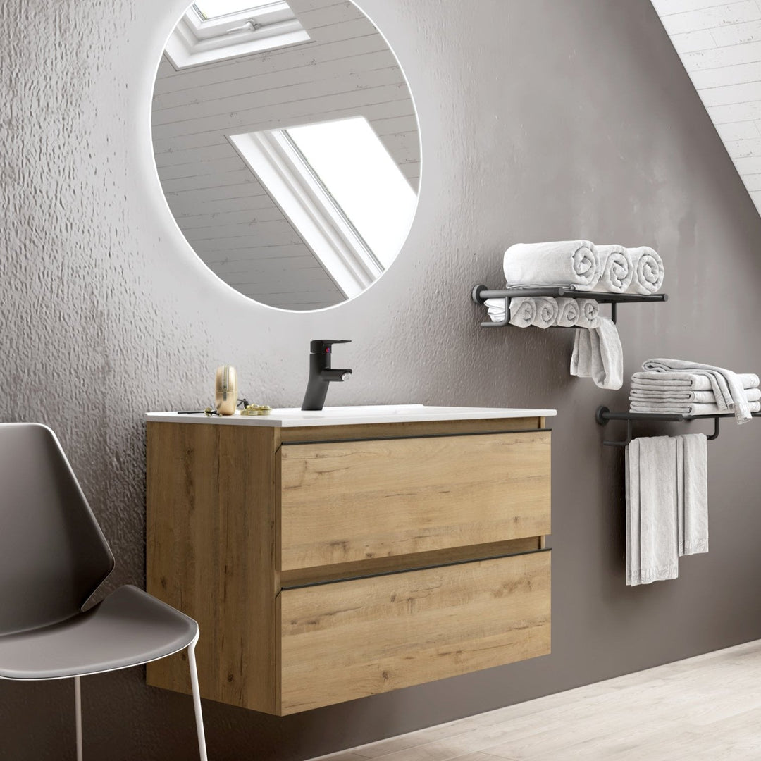 Vatilla 1000mm Wall Hung Vanity Unit with Matt Black Handles - Ostippo Oak