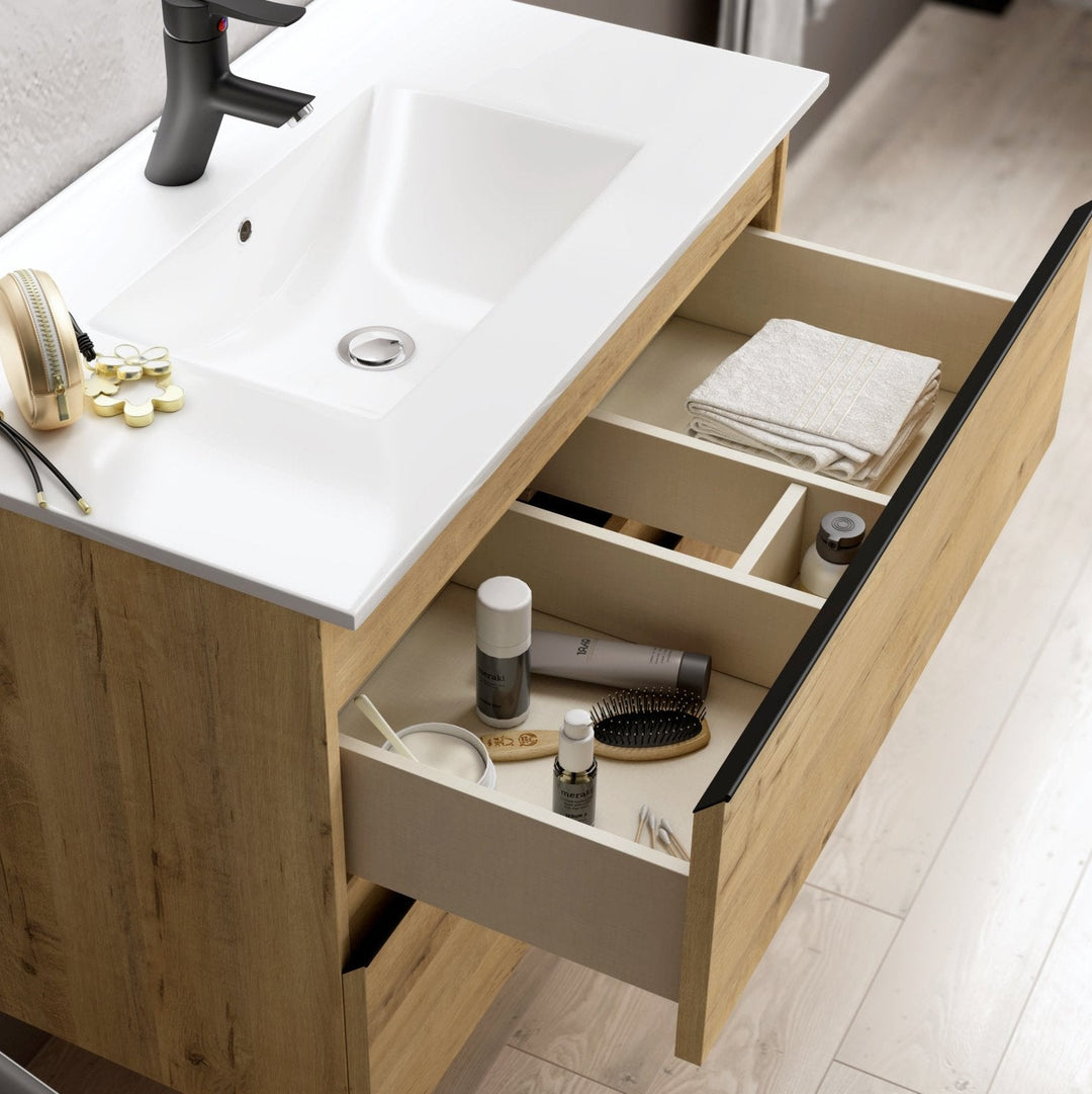 Vatilla 1000mm Wall Hung Vanity Unit with Matt Black Handles - Ostippo Oak