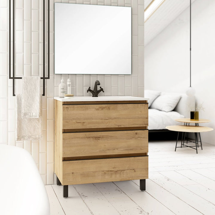 Vatilla 600mm Floorstanding Vanity Unit with Matt Black Handles - Ostippo Oak