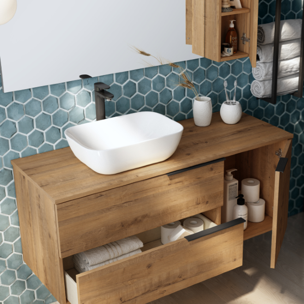 Celtic Duo 1000mm Wall Hung Basin Unit with Door & Worktop - Ostippo Oak