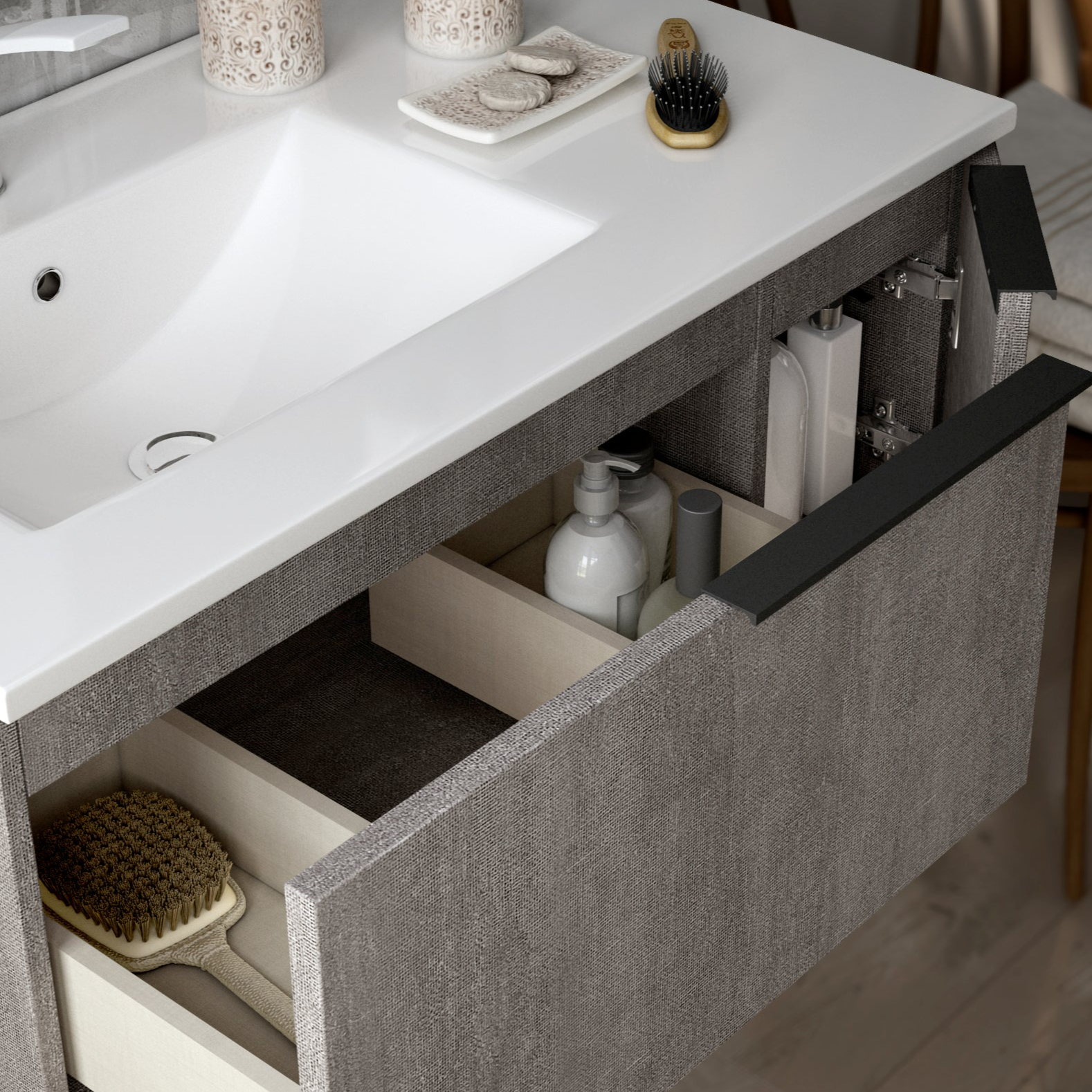 Siena 800mm Wall Hung Basin Unit with Matt Black Handles - Stone Grey