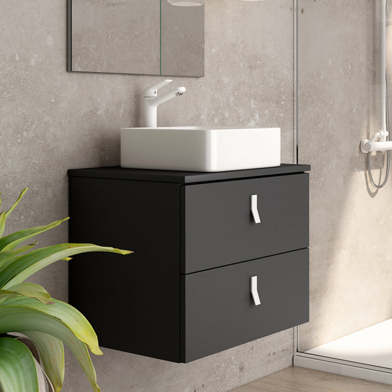 Invicta 600mm Wall Hung Vanity Unit with White Handles - Matt Black