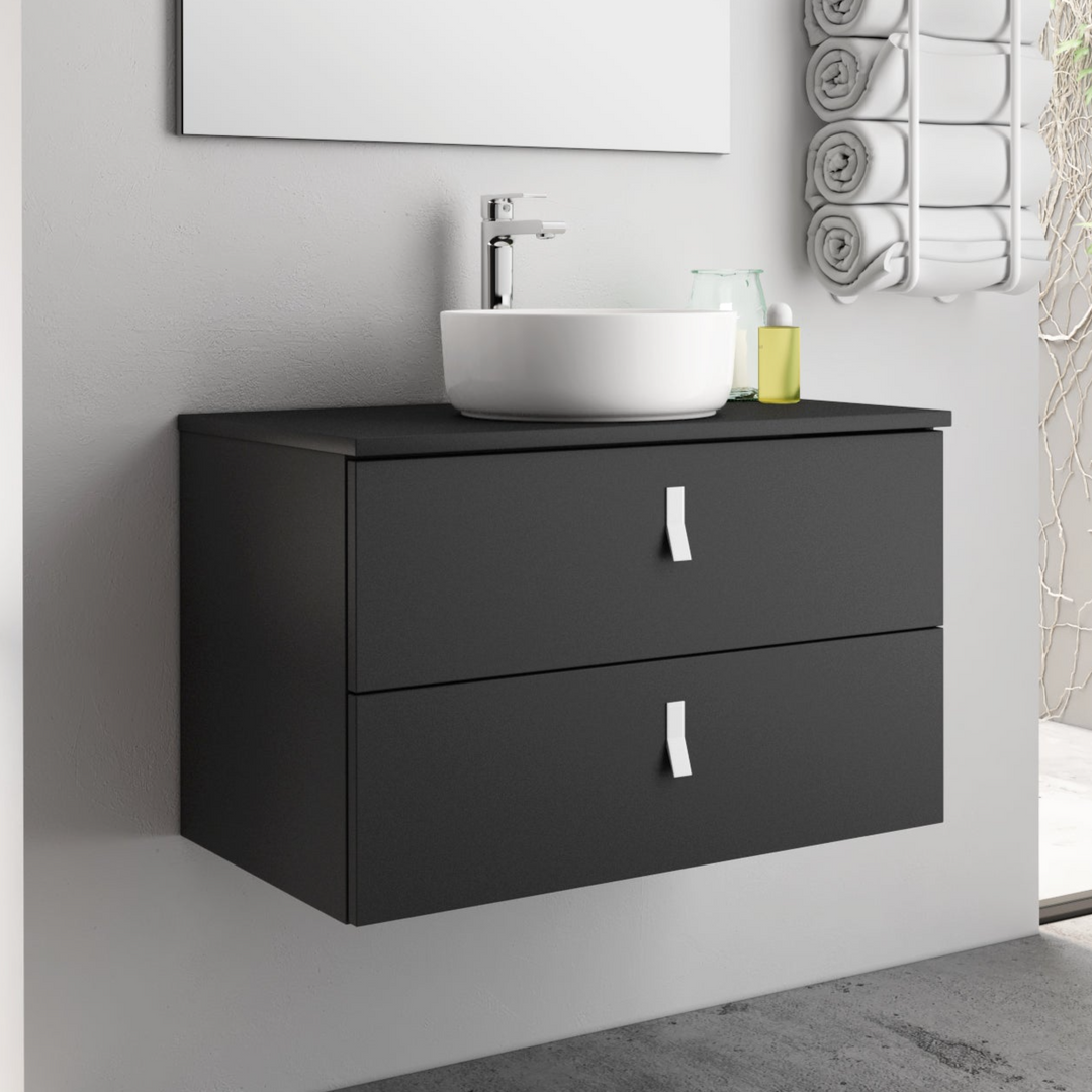 Invicta 600mm Wall Hung Vanity Unit with White Handles - Matt Black