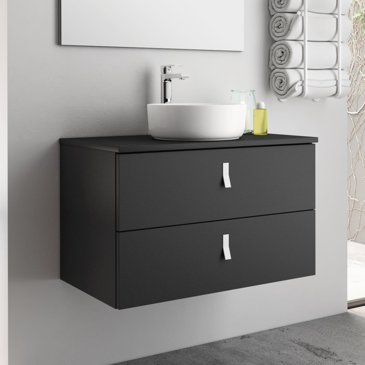 Nova 600mm Wall Hung Vanity Unit with White Handles - Matt Black