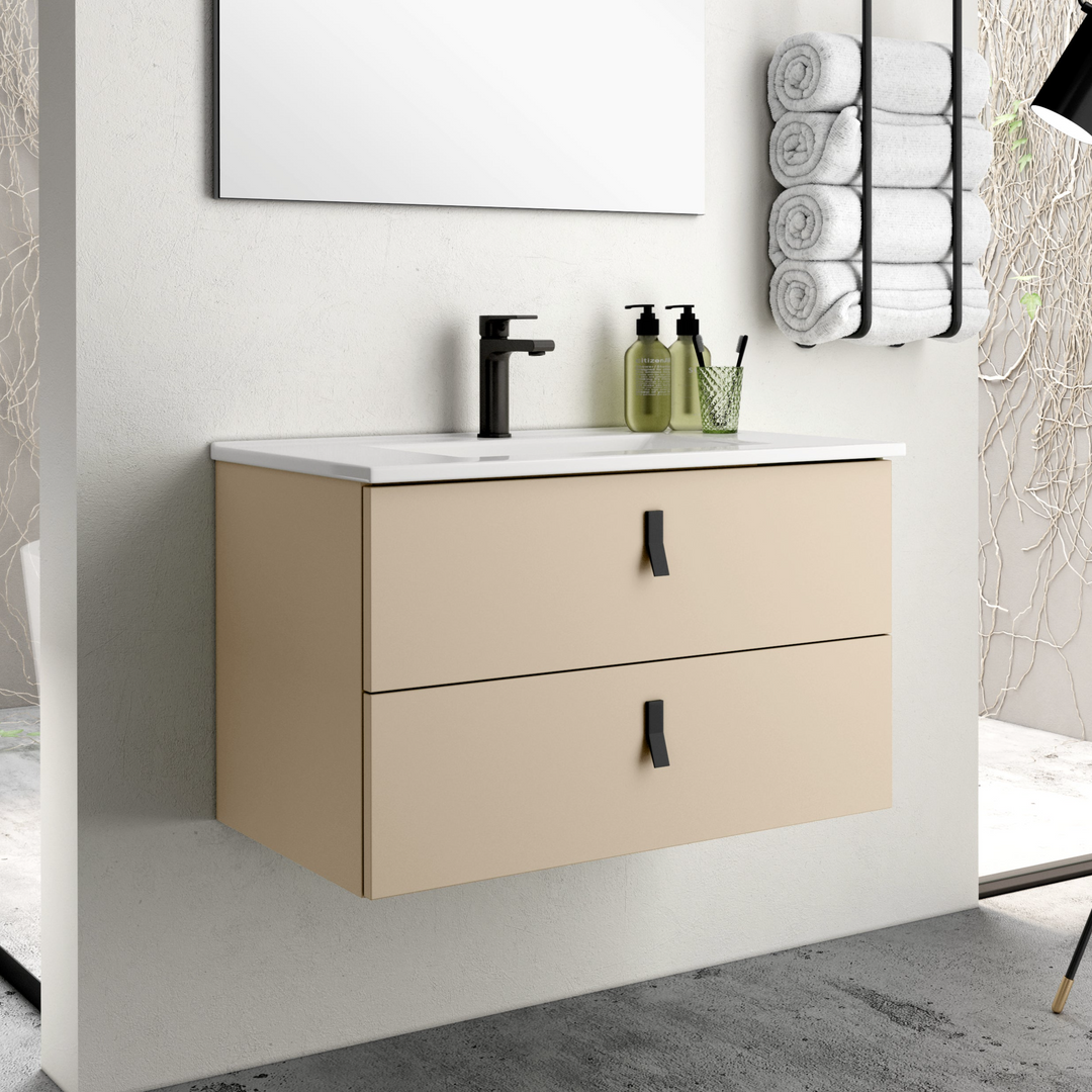 Invicta 600mm Wall Hung Vanity Unit with Matt Black Handles - Perla Ivory