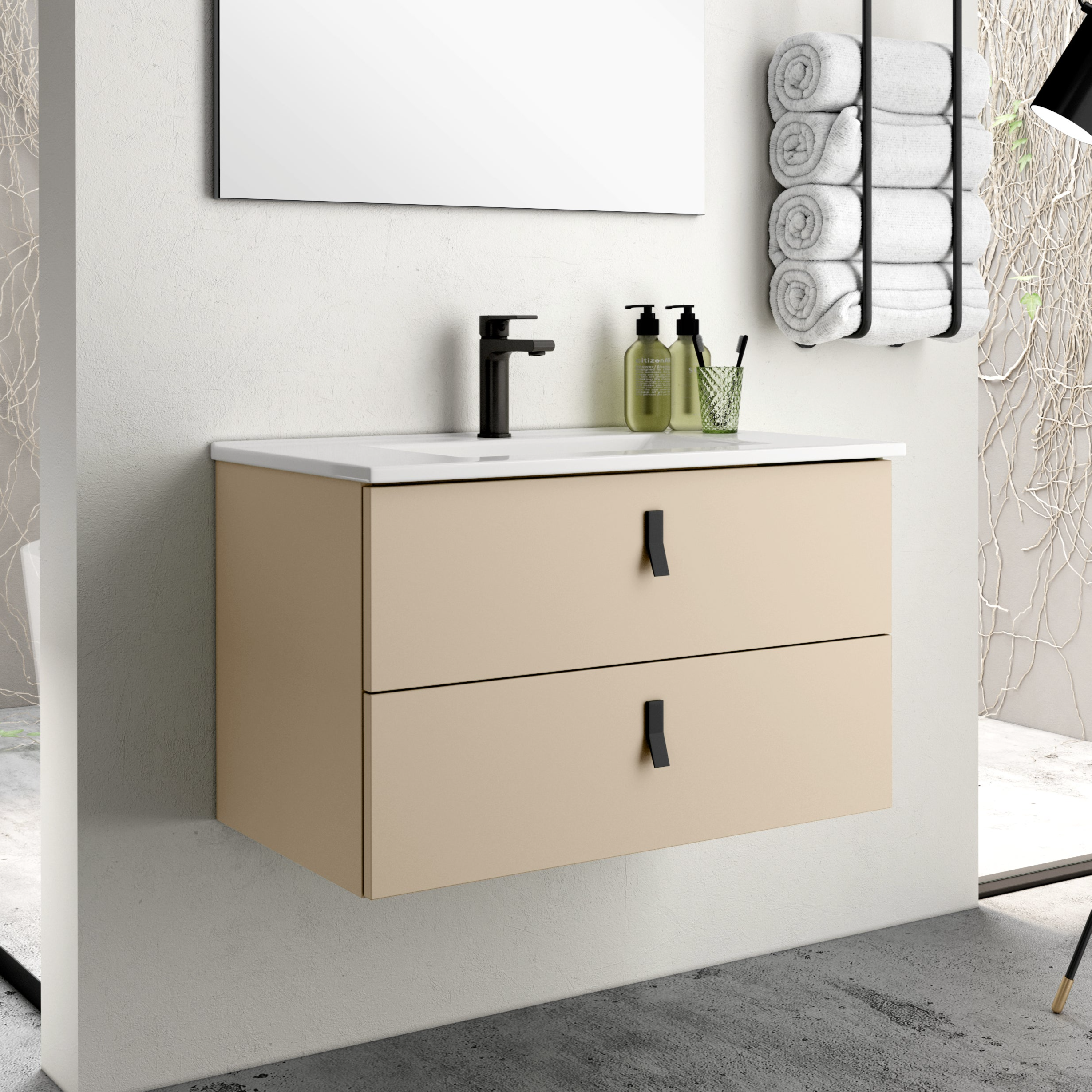 Nova 600mm Wall Hung Vanity Unit with Matt Black Handles - Perla Ivory