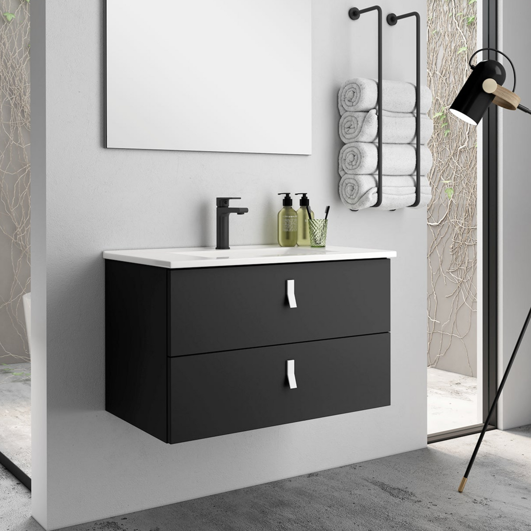 Invicta 600mm Wall Hung Vanity Unit with White Handles - Matt Black