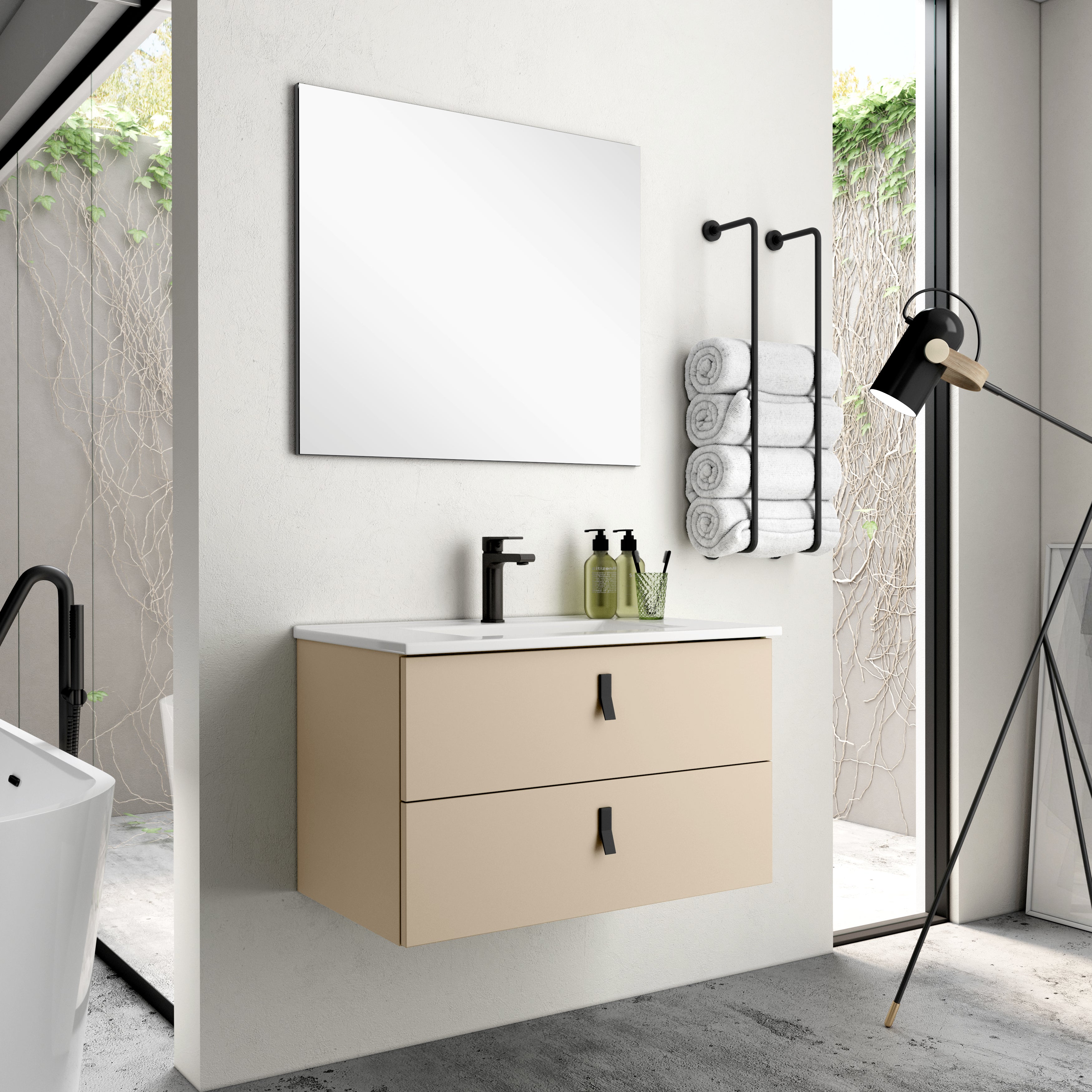 Nova 600mm Wall Hung Vanity Unit with Matt Black Handles - Perla Ivory