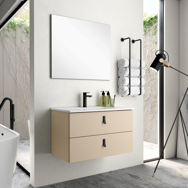 Invicta 600mm Wall Hung Vanity Unit with Matt Black Handles - Perla Ivory