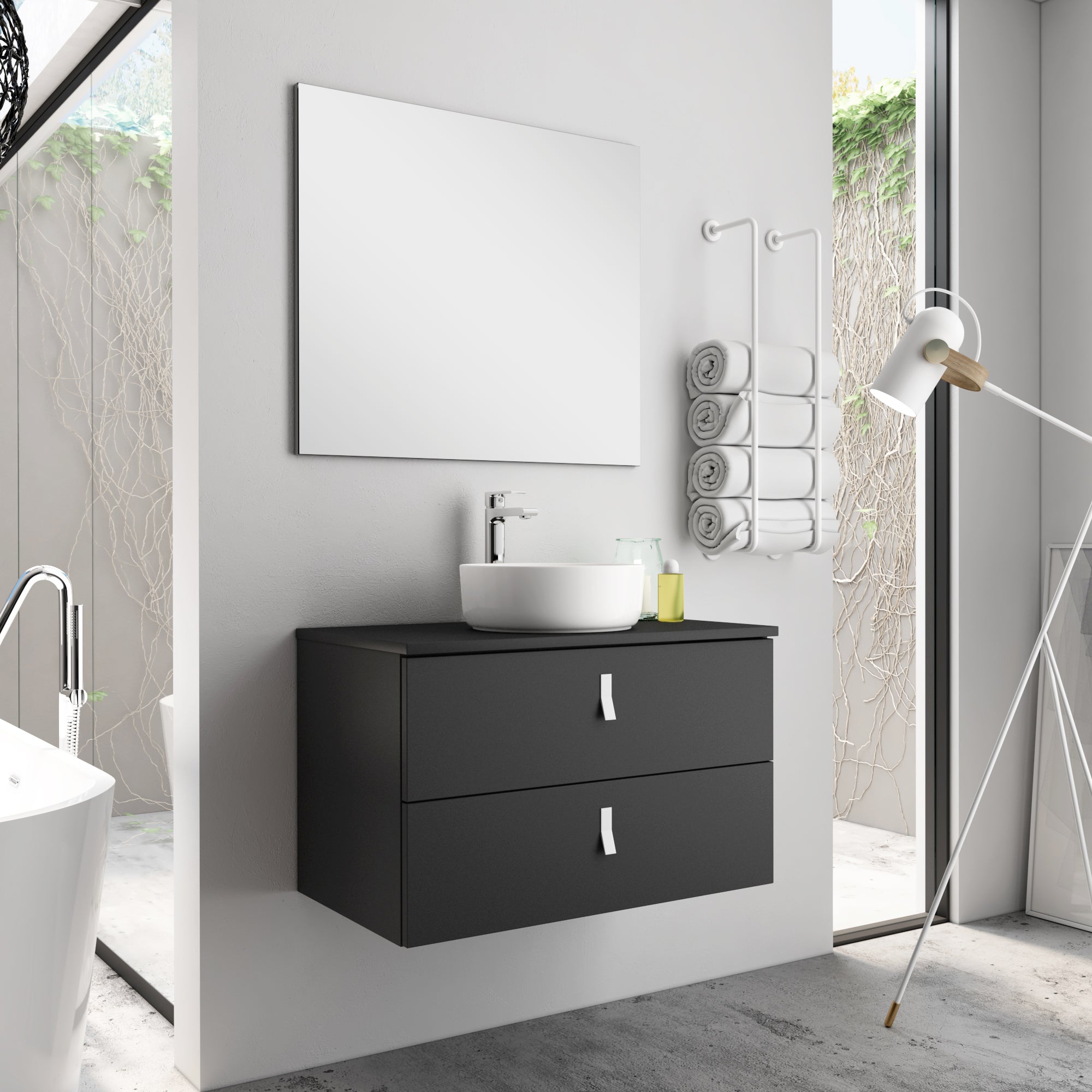 Nova 600mm Wall Hung Vanity Unit with White Handles - Matt Black