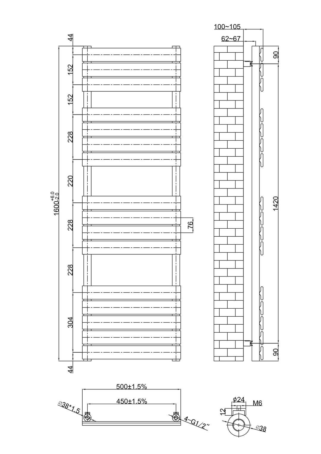 Aureli 1600 x 500 Electric Ladder Towel Rail Radiator  - Brushed Brass