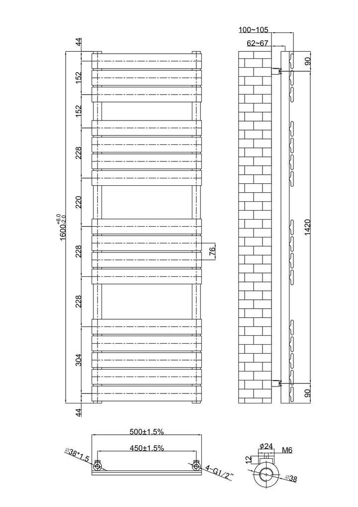 Aureli 1600 x 500 Electric Ladder Towel Rail Radiator  - Brushed Brass