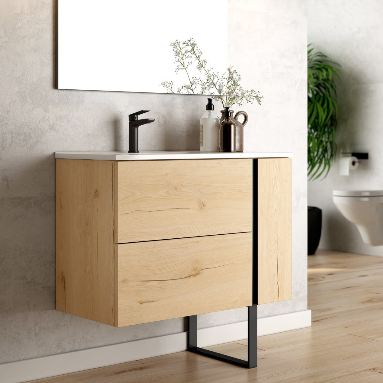 Evora 800mm Wall Hung Basin Unit with Matt Black Handles - Natural Oak