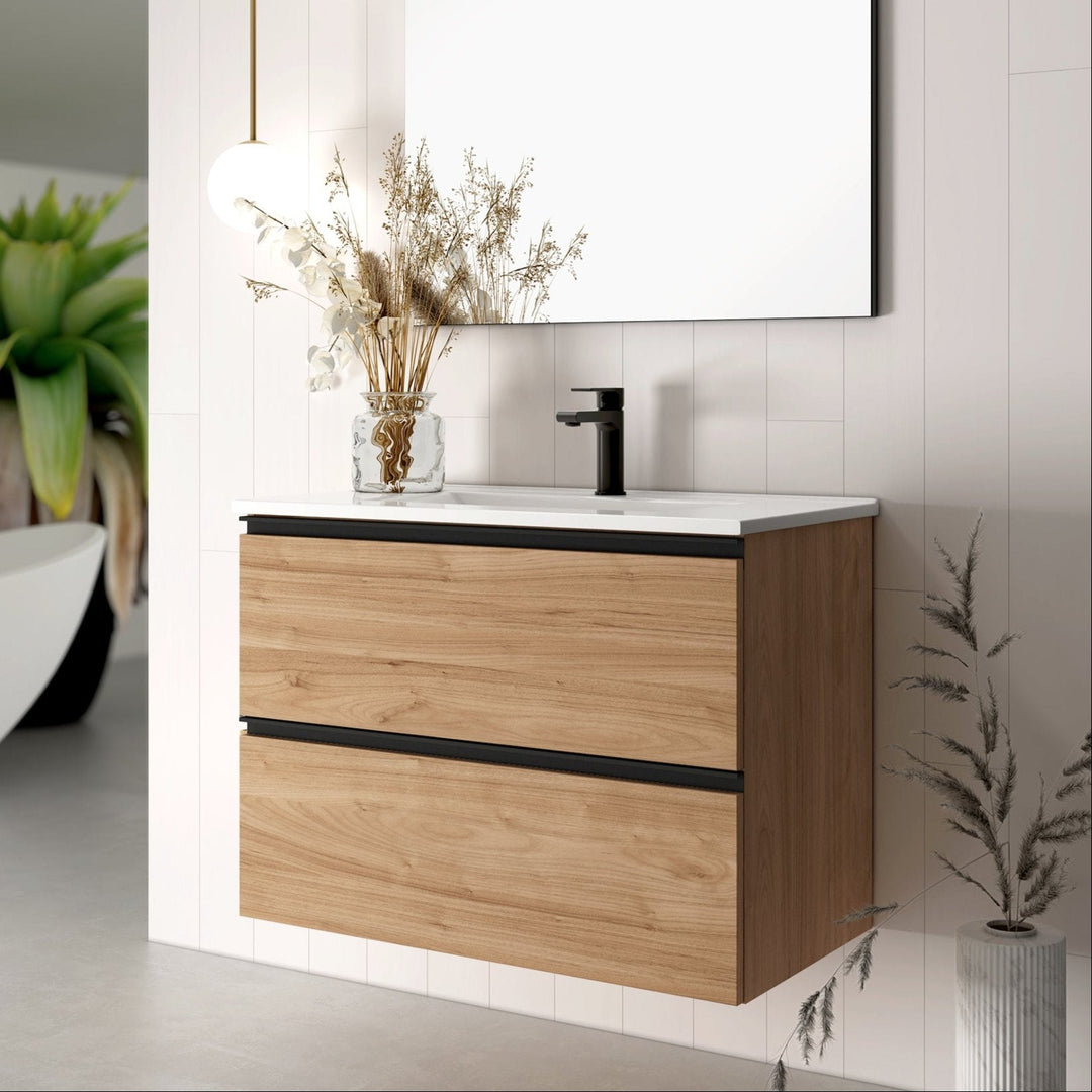 Akiro 600mm Wall Hung Vanity Unit with Matt Black Handles - Walnut