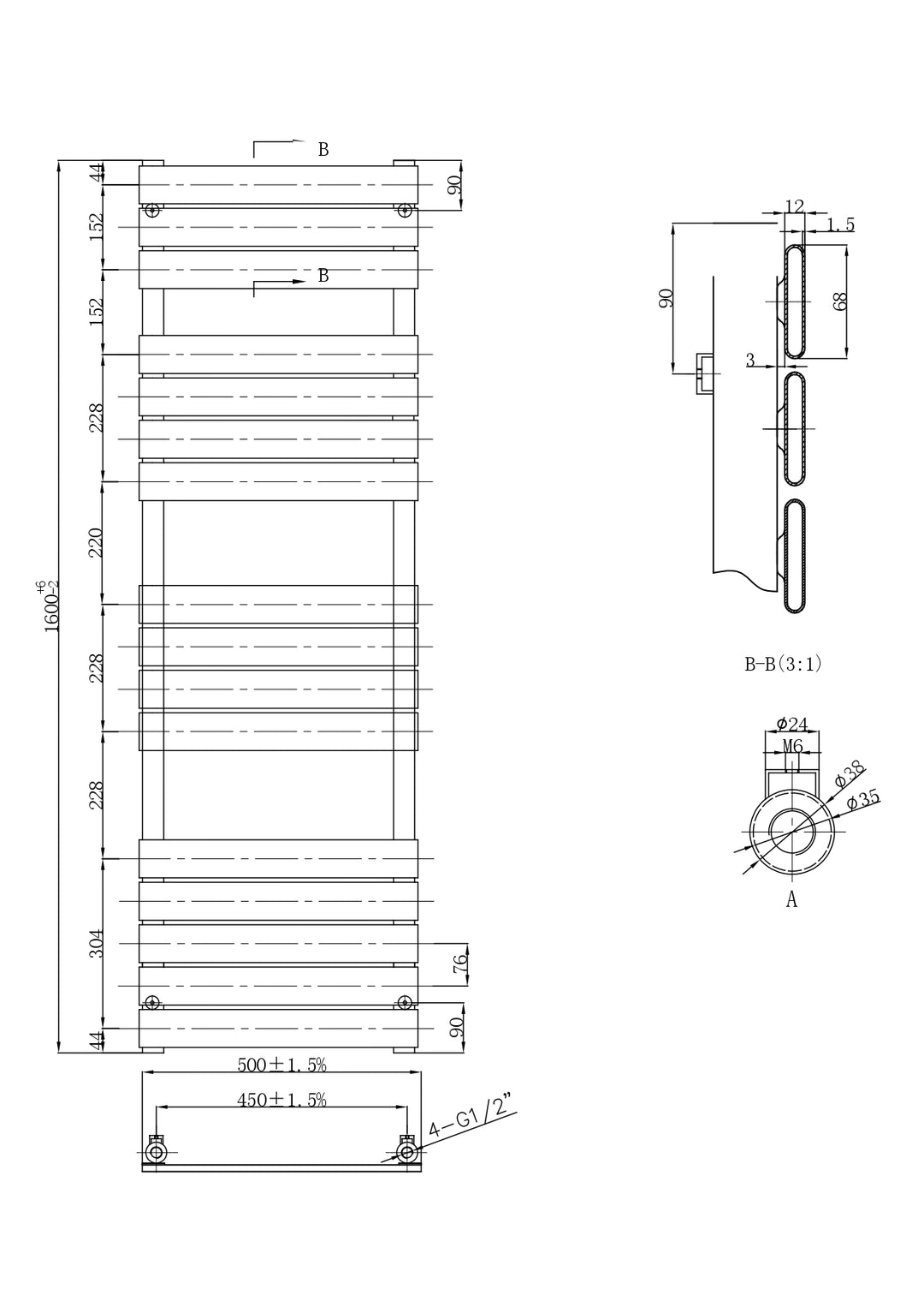 Luxe 1600 x 500 Flat Tube Towel Radiator - Brushed Brass