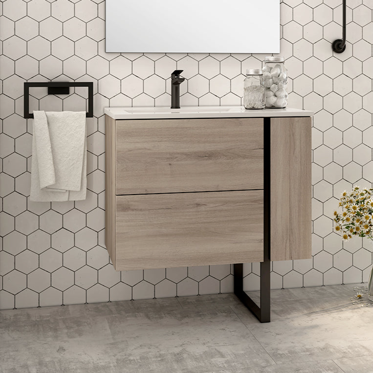 Evora 800mm Wall Hung Basin Unit with Matt Black Handles - Iron Oak